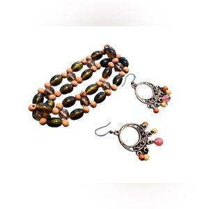 Vintage Bohemian Wooden Bead Bracelet & Chandelier Earring Set